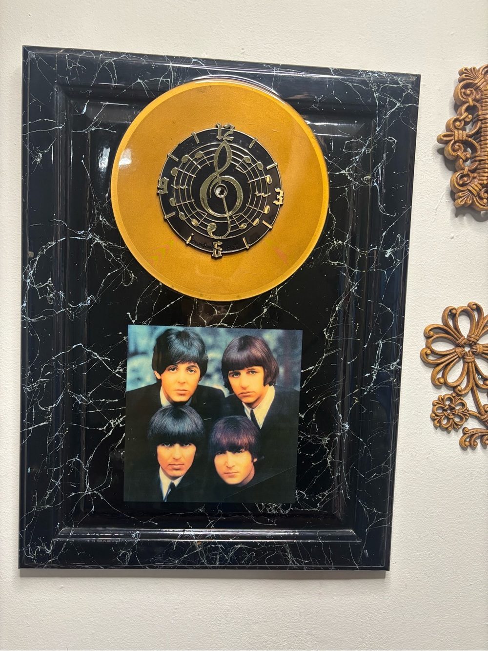 Vintage 1980s The Beatles Lacquered Wood Wall Plaque Retro Gold Record Sign 24”
